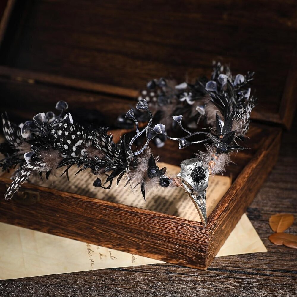 Black Feather Elf Crown Gothic Fairy Tiara for Women Girls Mardi Gras Cosplay - Picture 6 of 9